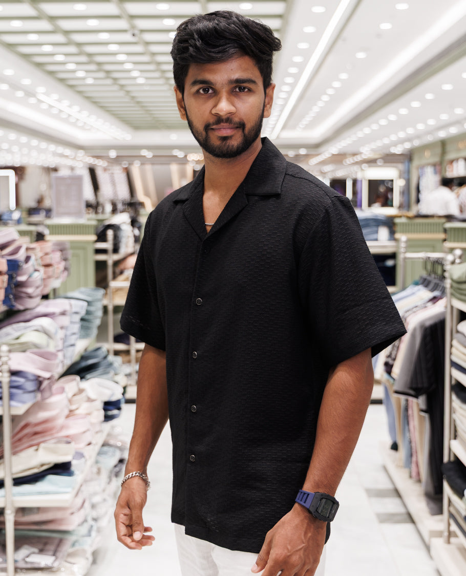 Black Cuban Collar Poly-Blended Casual Shirt