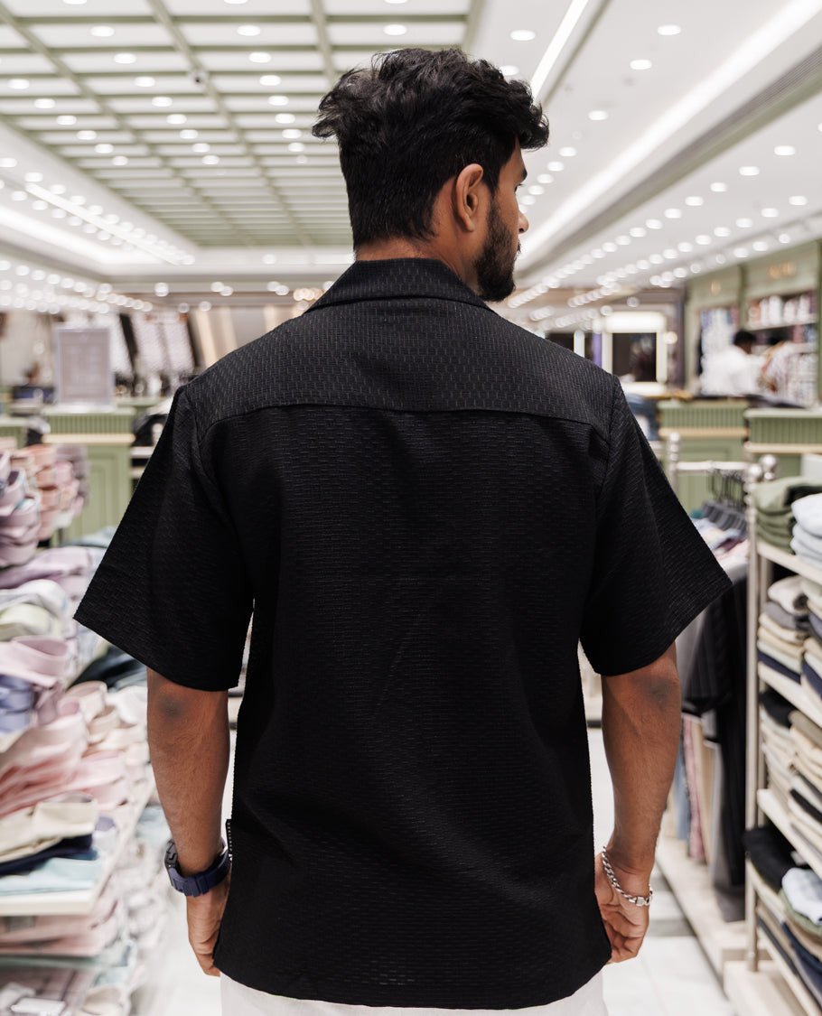 Black Cuban Collar Poly-Blended Casual Shirt