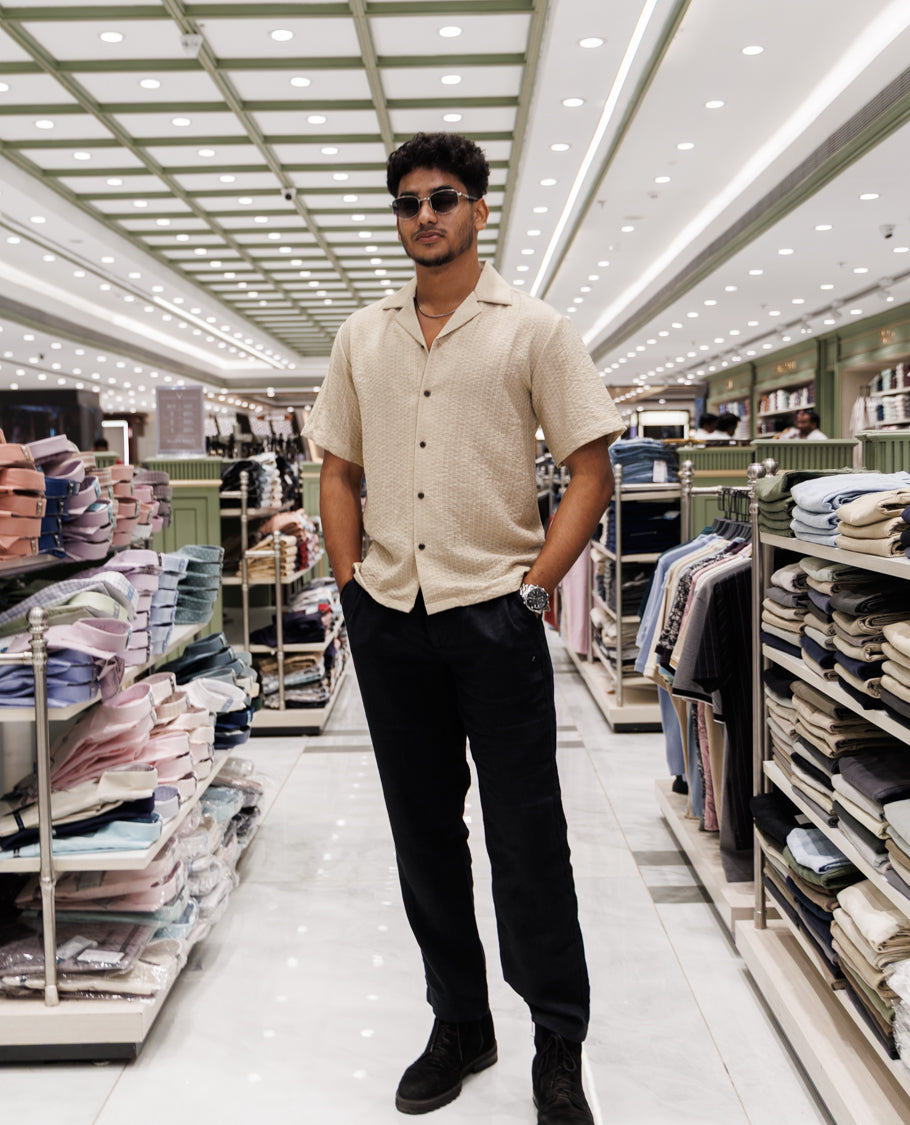 Beige Cuban Collar Poly-Blended Casual Shirt