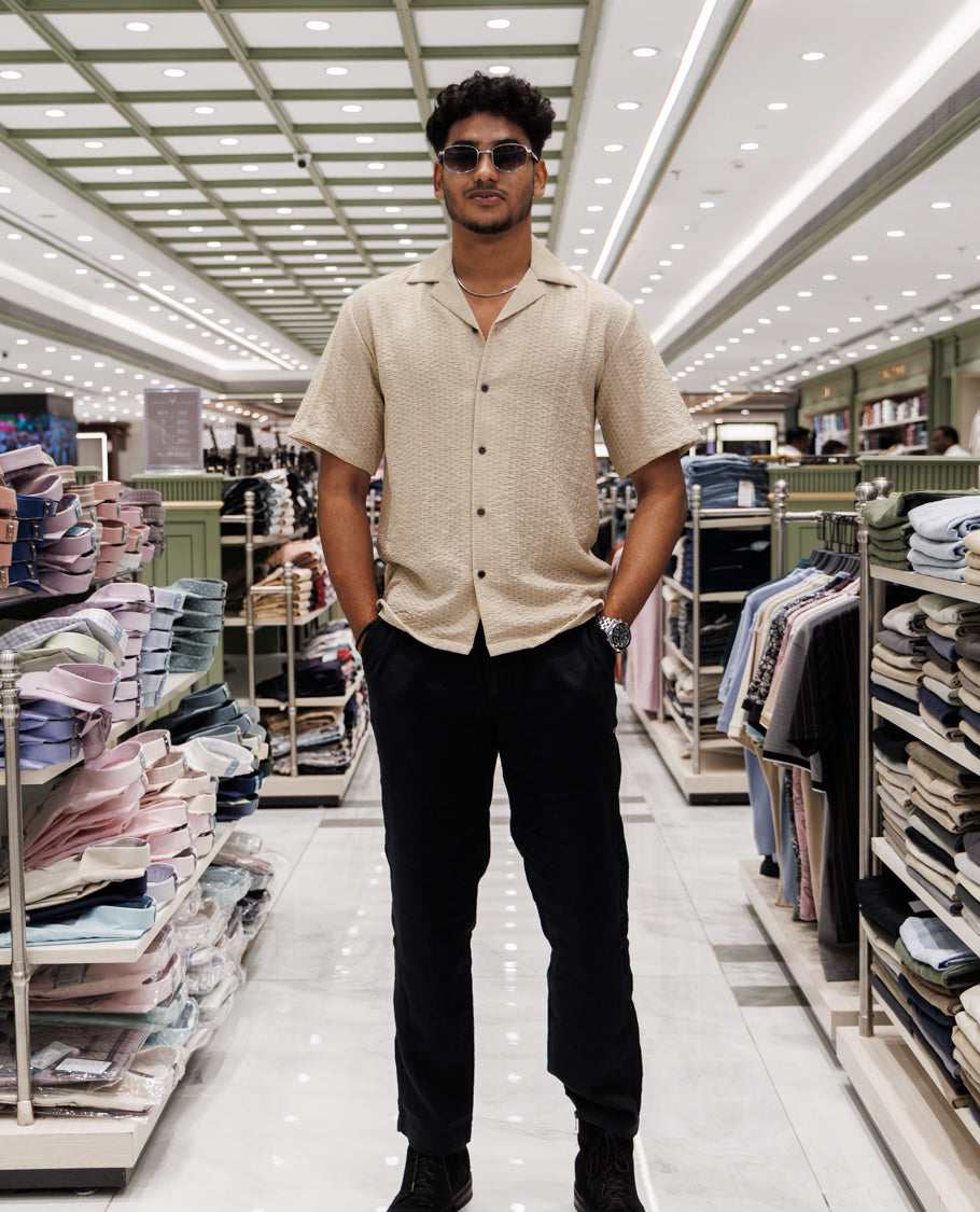 Beige Cuban Collar Poly-Blended Casual Shirt