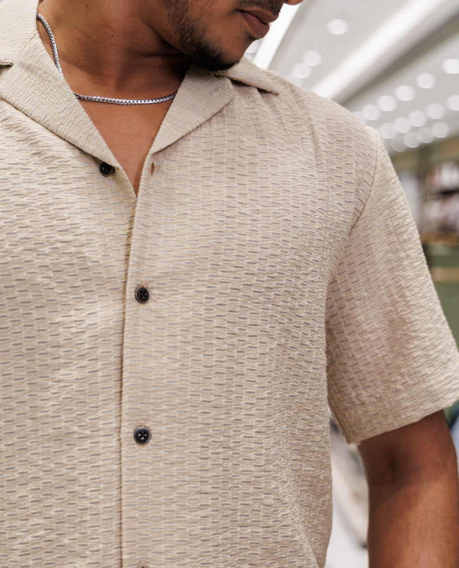 Beige Cuban Collar Poly-Blended Casual Shirt