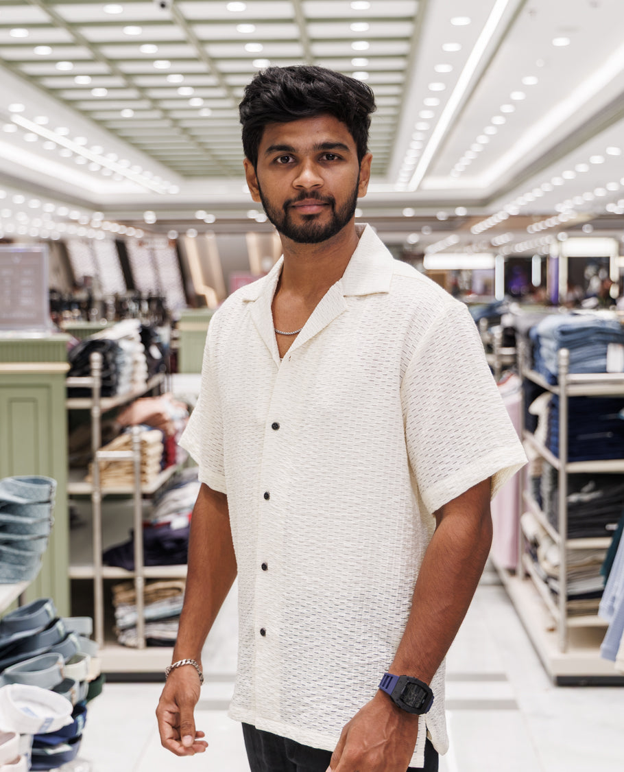Cream Poly-Blended Casual Shirt