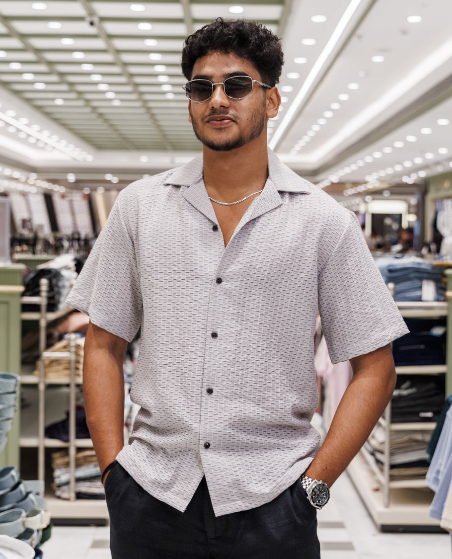 Grey Cuban Collar Poly-Blended Casual Shirt