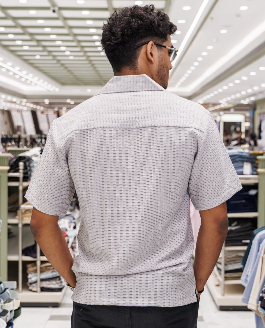 Grey Cuban Collar Poly-Blended Casual Shirt