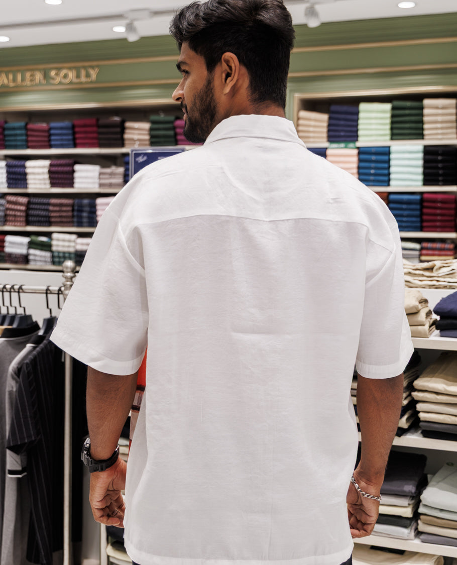 White Half Sleeves Cotton-Blended Casual Shirt