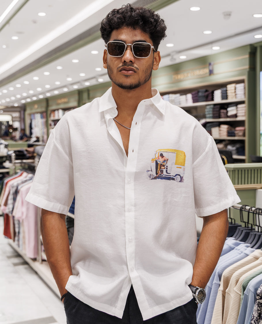 White Spread Collar Cotton Blended Casual Shirt