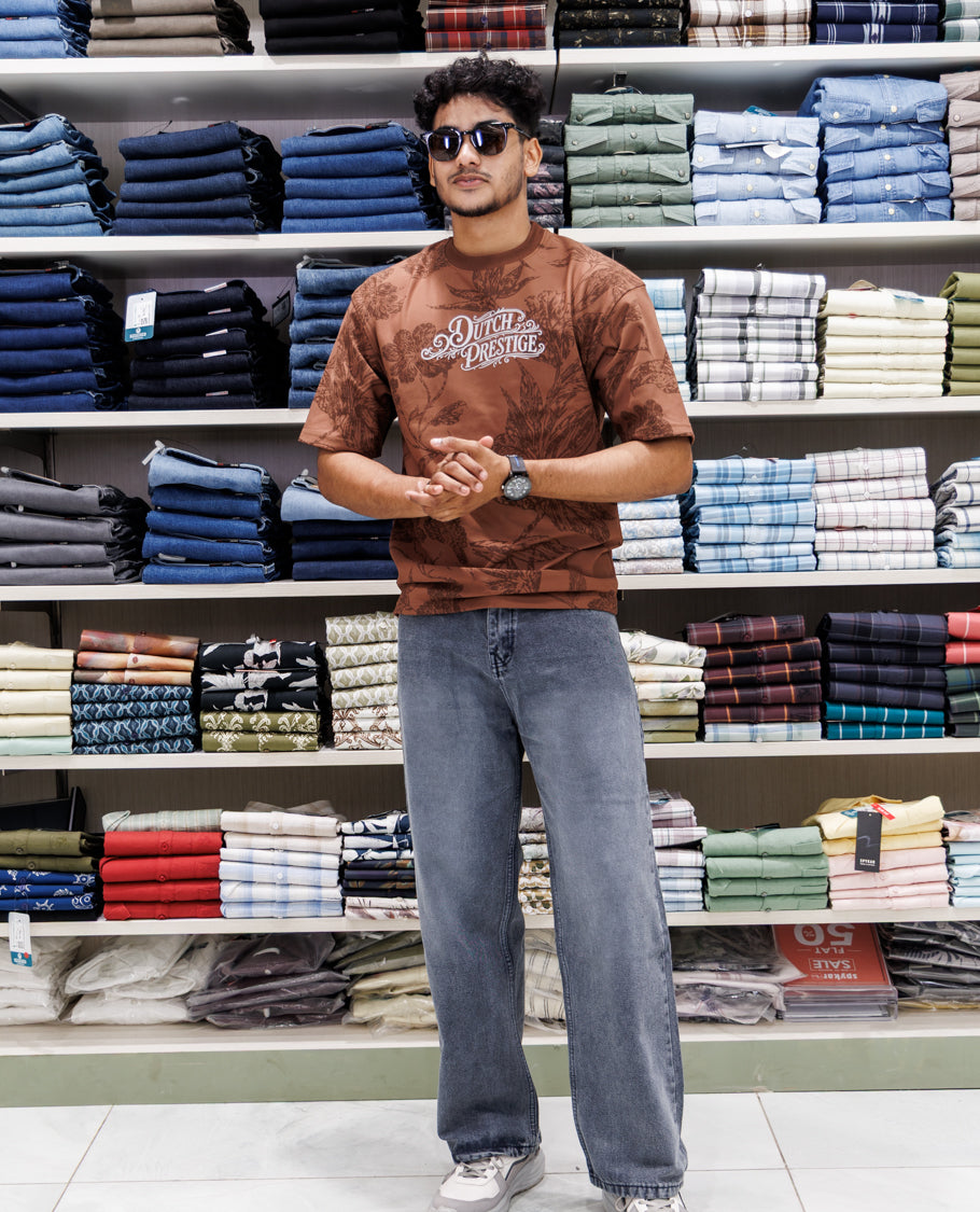 Brown Floral Print Cotton-Blended T-Shirt