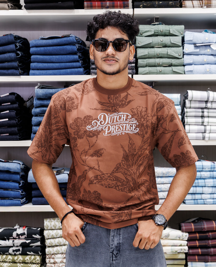 Brown Floral Print Cotton-Blended T-Shirt