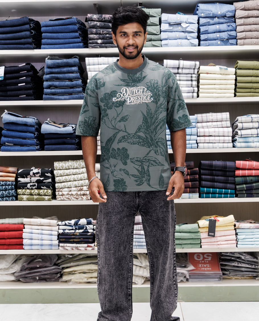 Green Floral Print Cotton-Blended T-Shirt