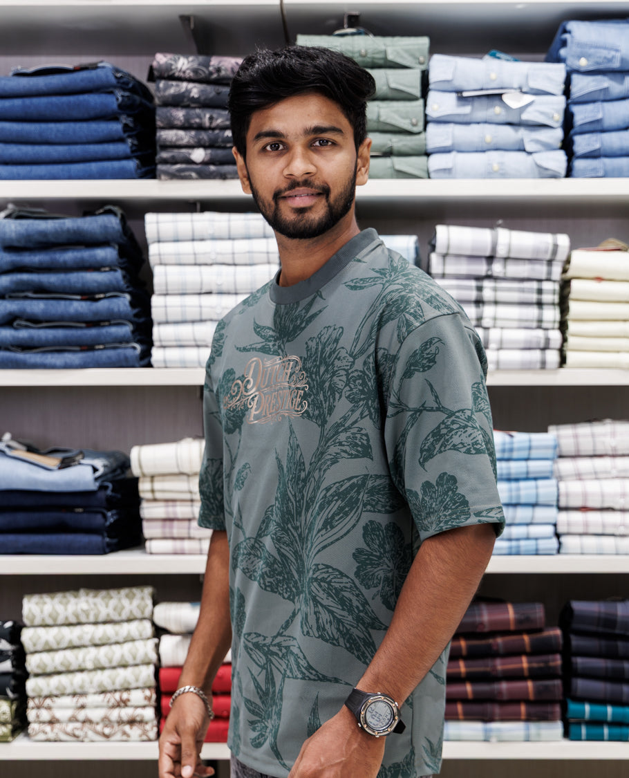 Green Floral Print Cotton-Blended T-Shirt