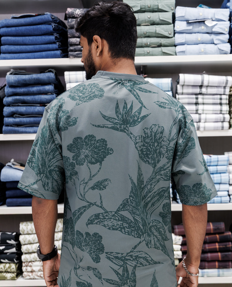 Green Floral Print Cotton-Blended T-Shirt