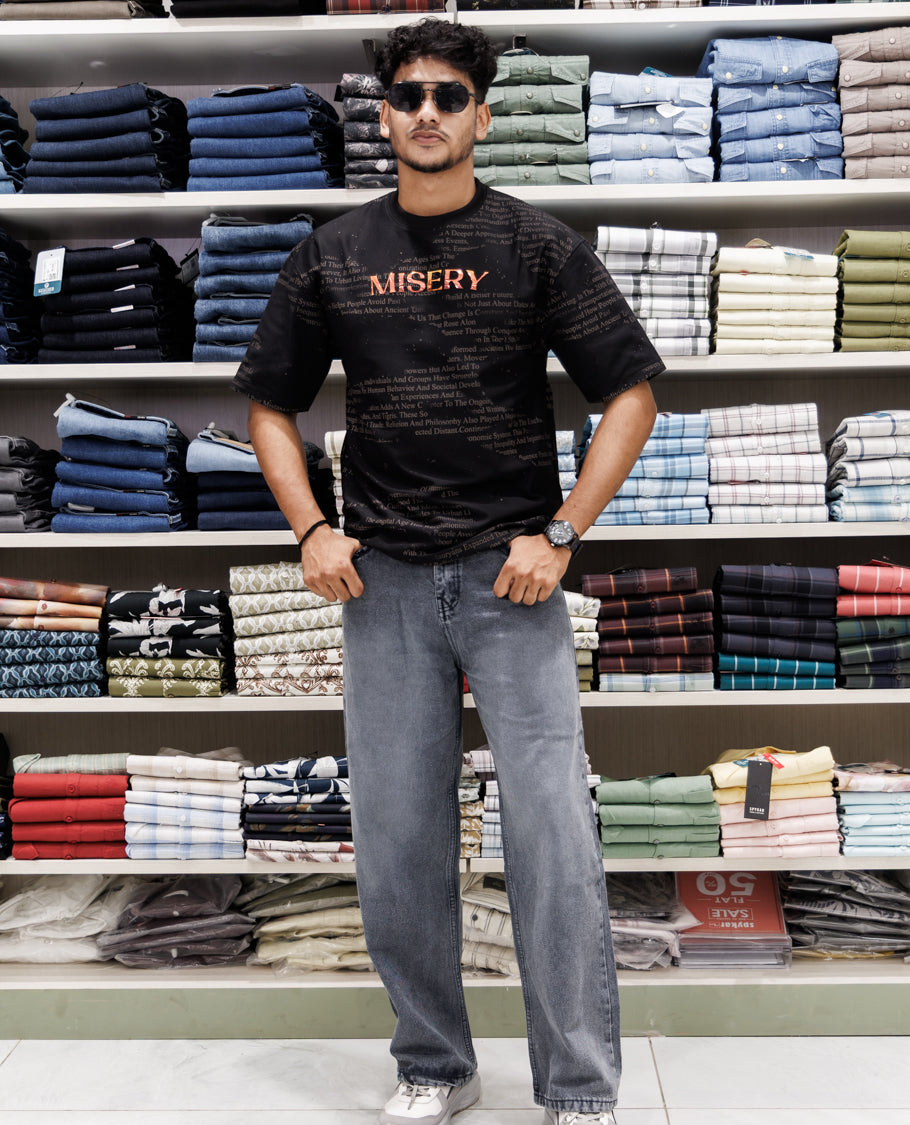 Black Round Neck Cotton-Blended T-Shirt