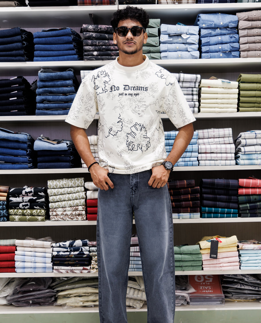 Cream Half Sleeves Cotton-Blended T-Shirt