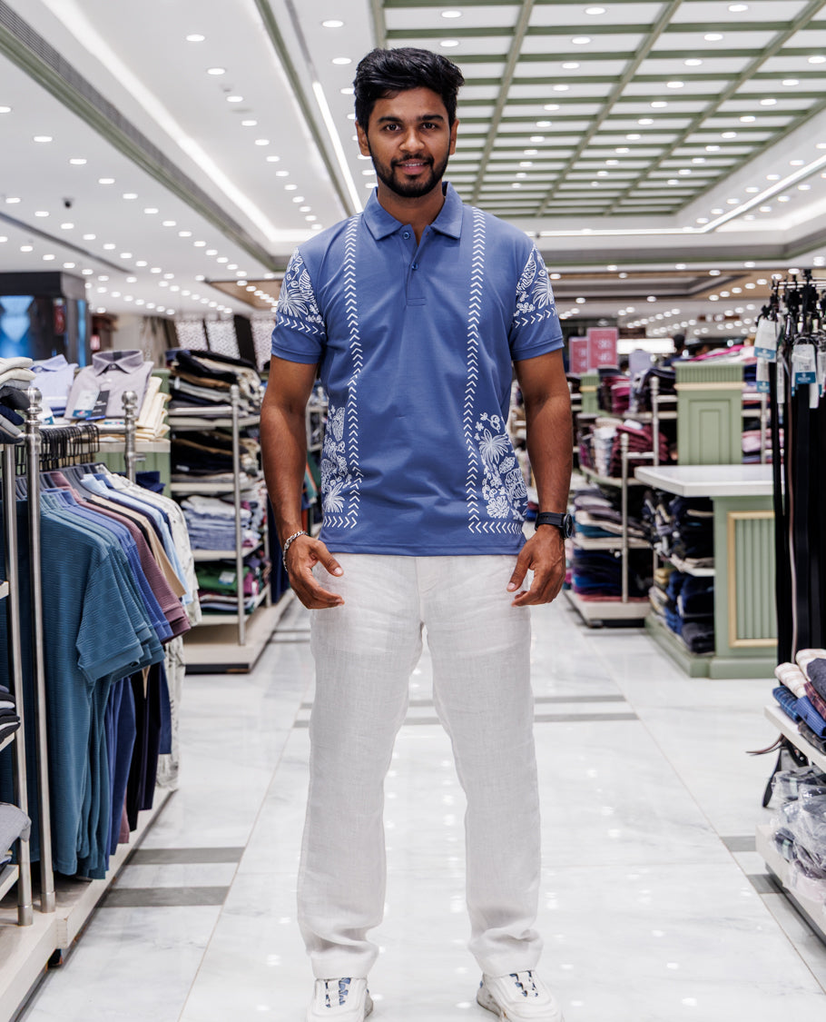 Blue Cotton-Blended T-Shirt
