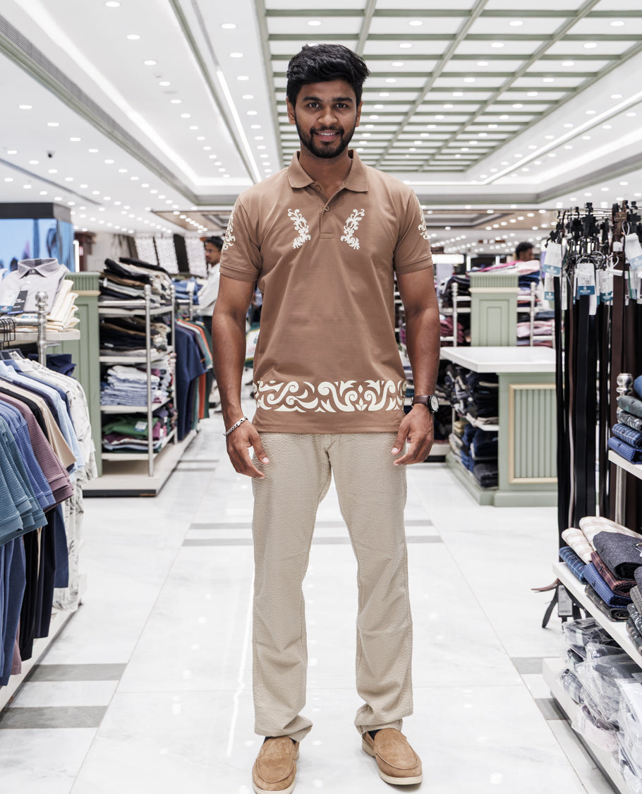 Brown Half Sleeves Cotton-Blended T-Shirt