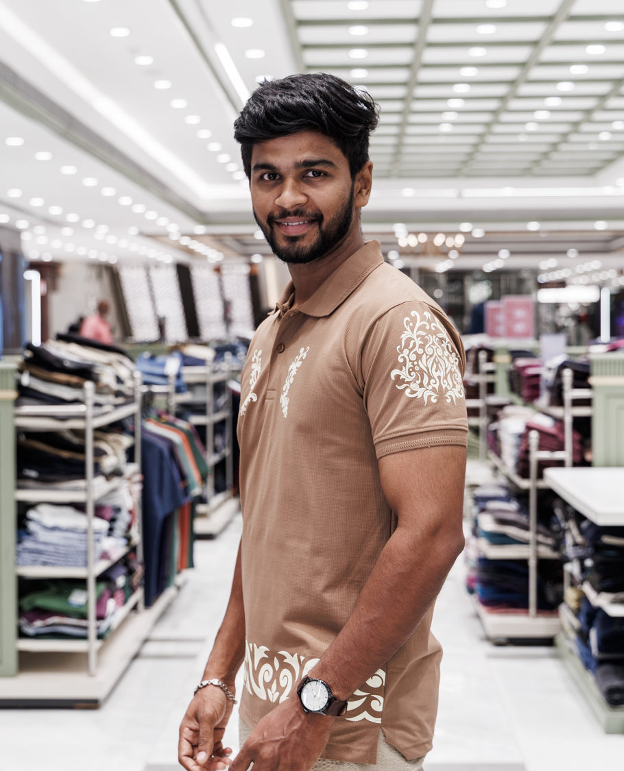 Brown Half Sleeves Cotton-Blended T-Shirt