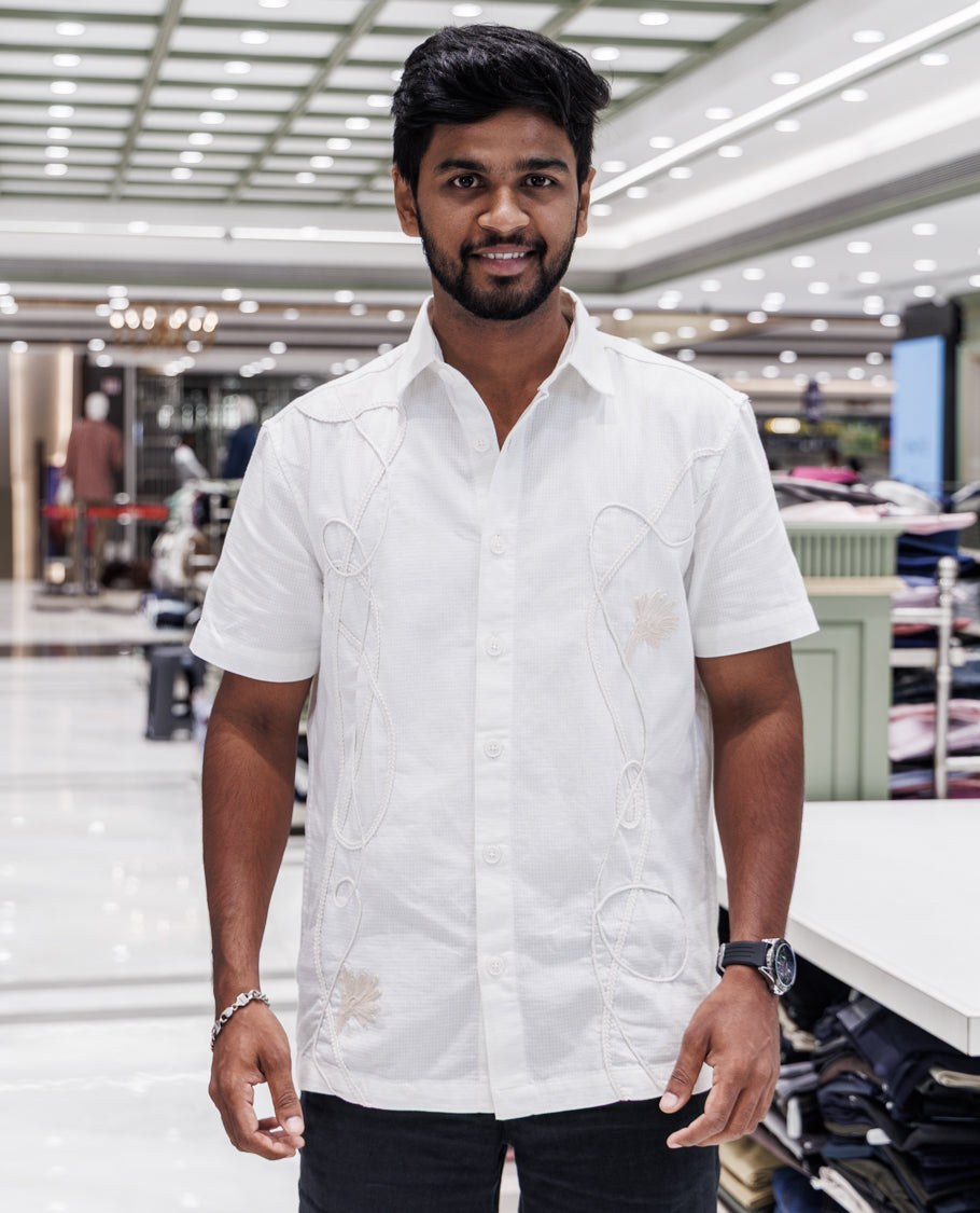 White Cotton-Blended Embroidery Casual Shirt