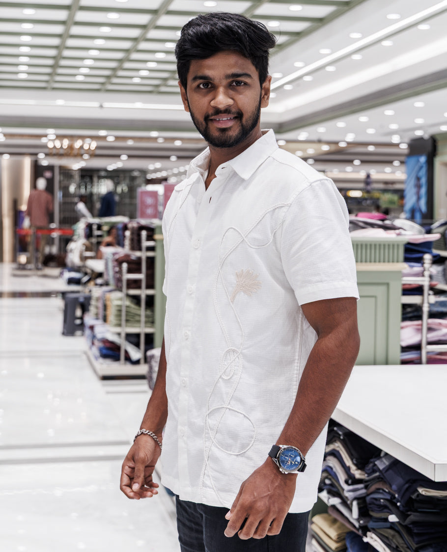 White Cotton-Blended Embroidery Casual Shirt