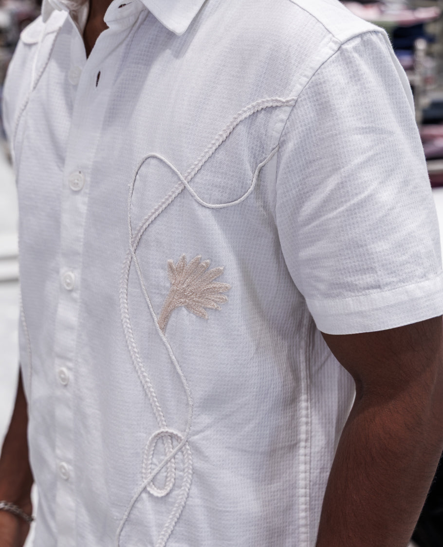 White Cotton-Blended Embroidery Casual Shirt