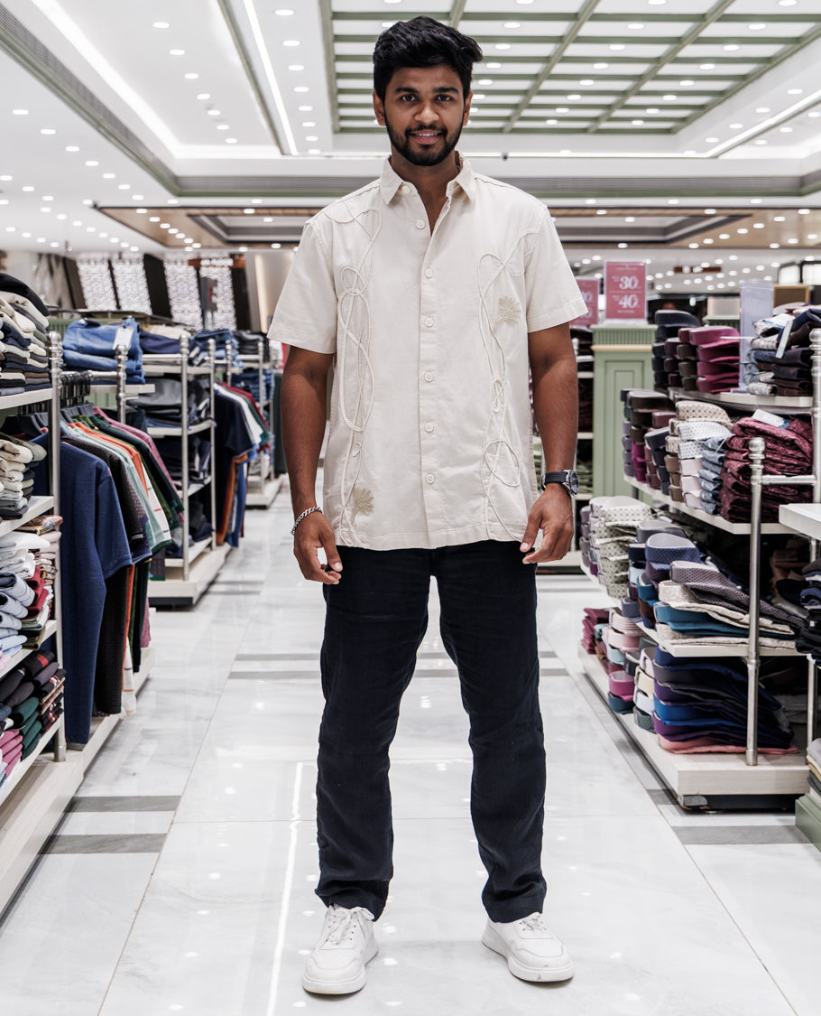 Cream Cotton-Blended Casual Shirt
