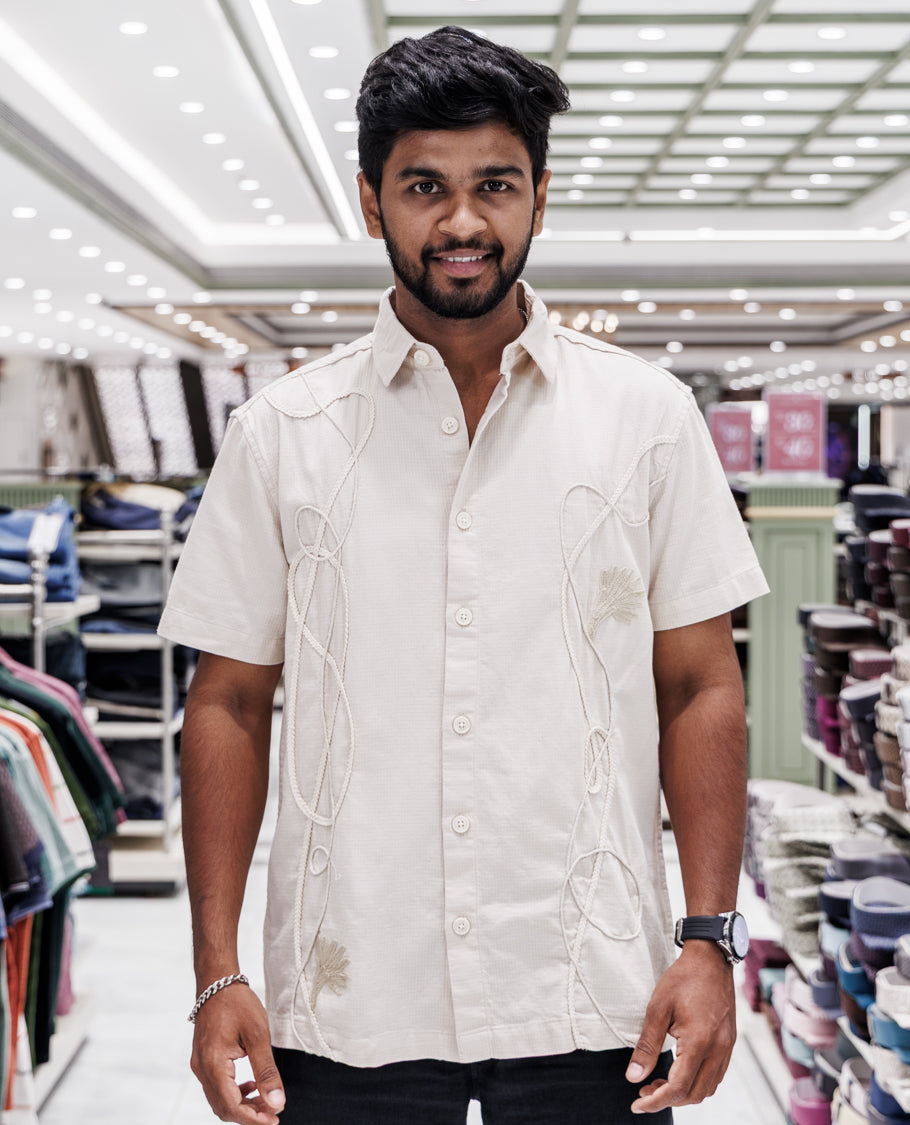 Cream Cotton-Blended Casual Shirt