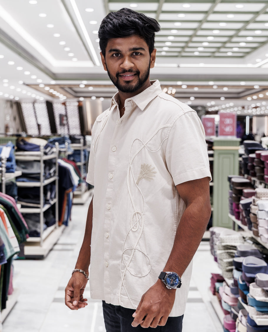 Cream Cotton-Blended Casual Shirt
