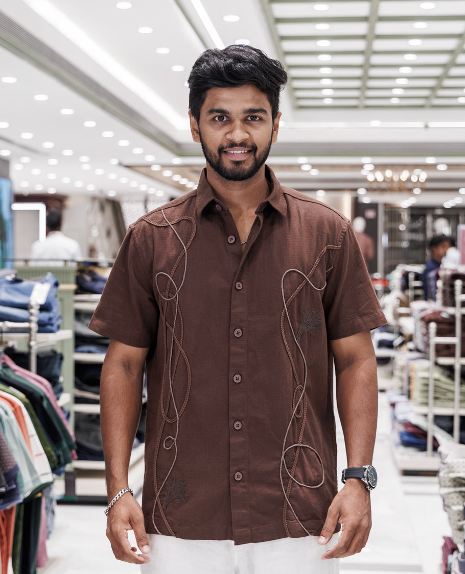 Coffee Cotton-Blended Casual Shirt