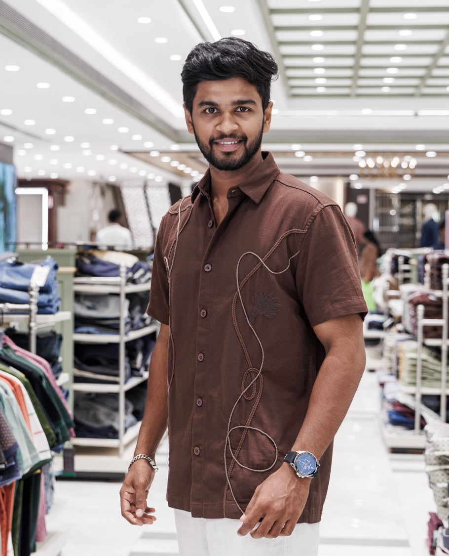 Coffee Cotton-Blended Casual Shirt