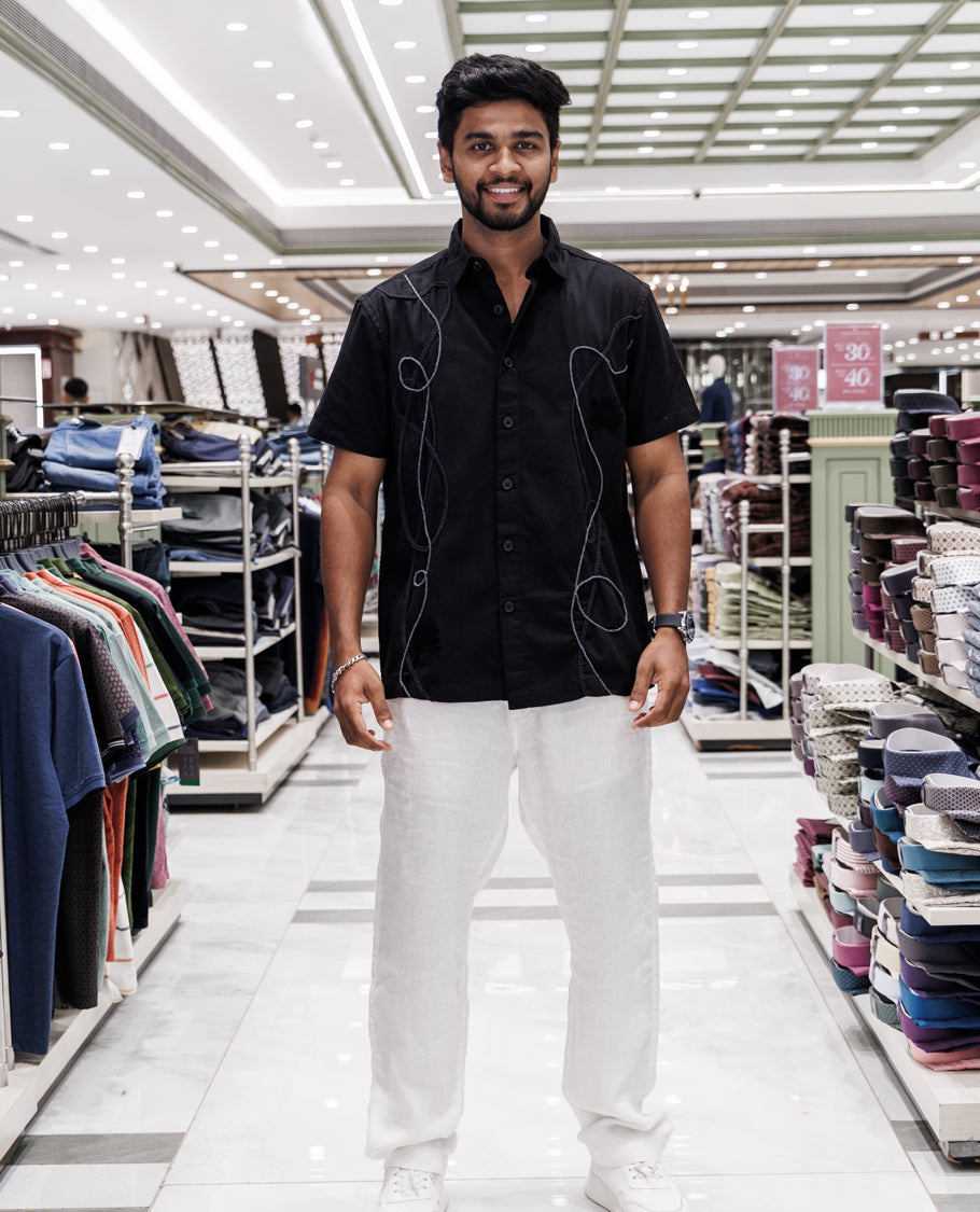 Black Embroidery Cotton-Blended Casual Shirt