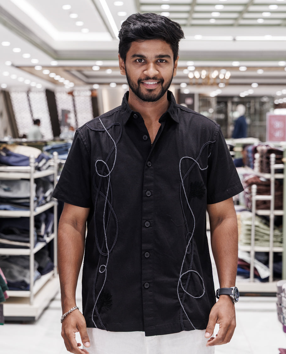 Black Embroidery Cotton-Blended Casual Shirt