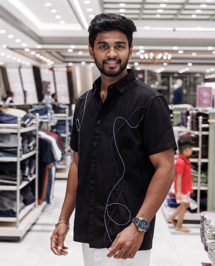 Black Embroidery Cotton-Blended Casual Shirt