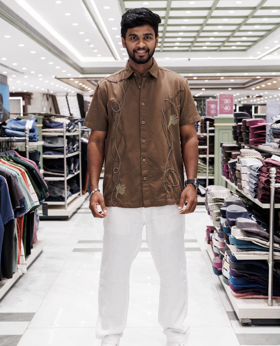 Brown Cotton-Blended Casual Shirt