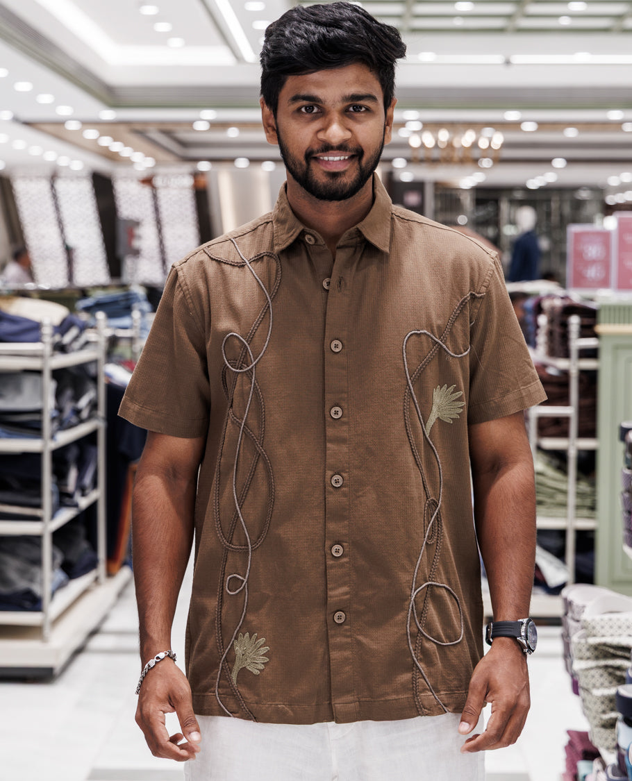 Brown Cotton-Blended Casual Shirt