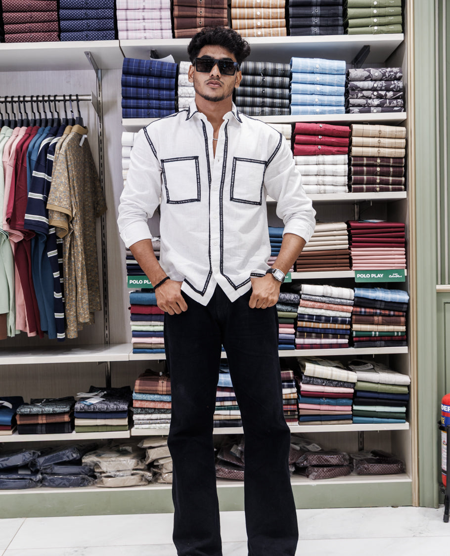 White Cotton-Blended Casual Shirt
