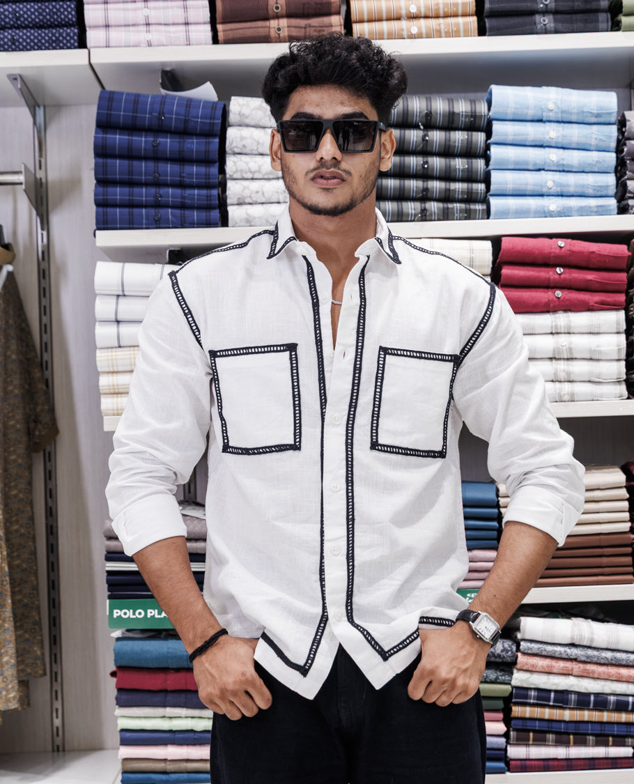 White Cotton-Blended Casual Shirt