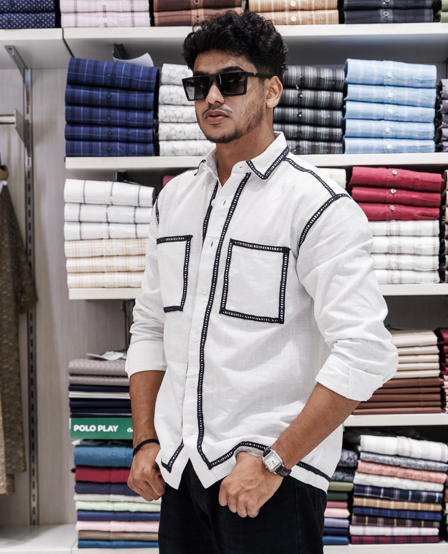 White Cotton-Blended Casual Shirt