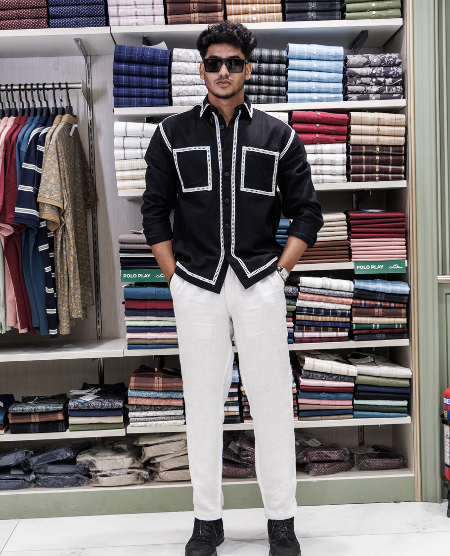 Black Cotton-Blended Casual Shirt