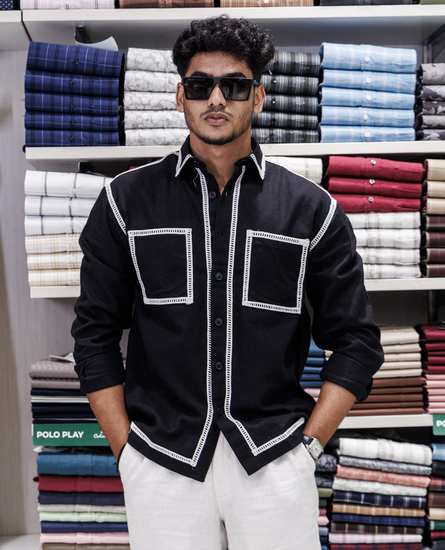 Black Cotton-Blended Casual Shirt