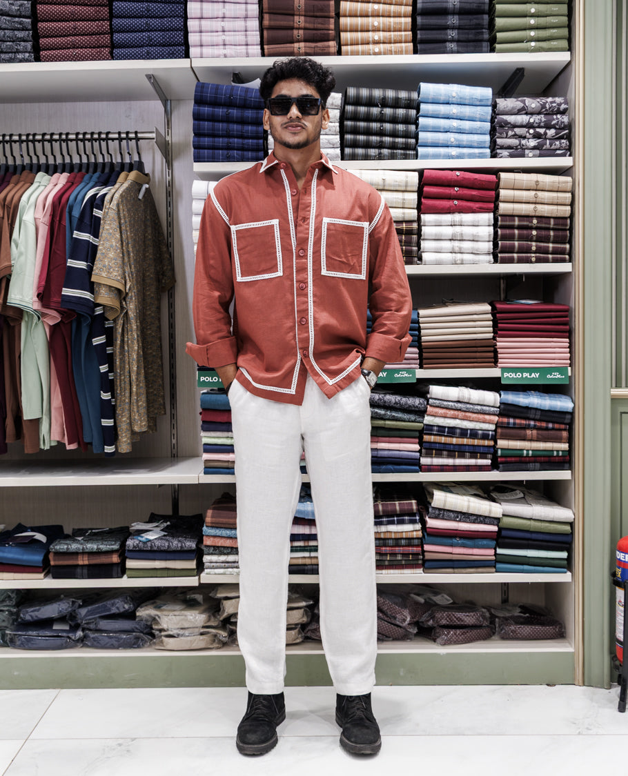 Rust Cotton-Blended Casual Shirt