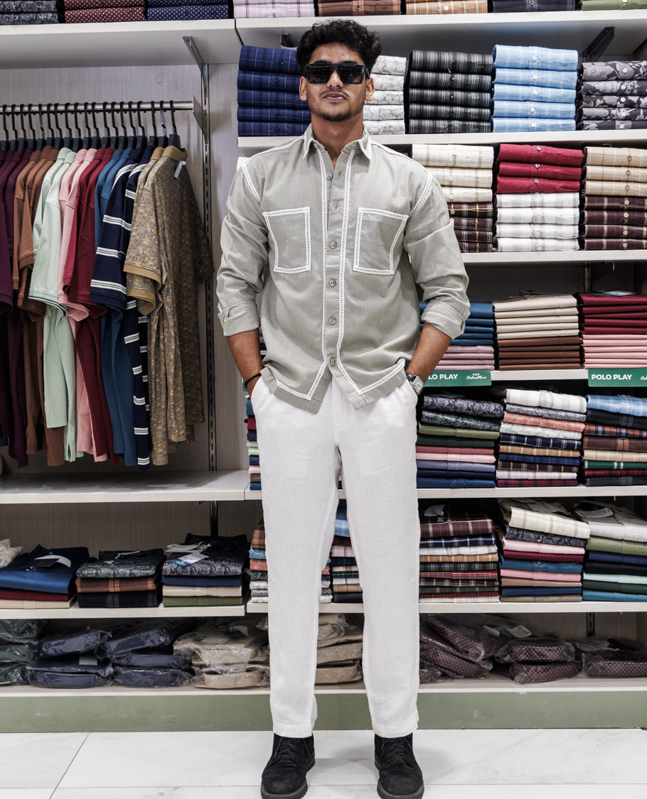 Green Cotton-Blended Casual Shirt