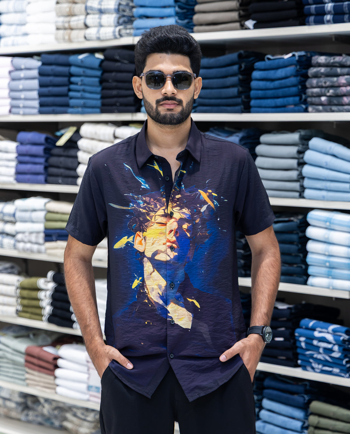 Black Spread Collar Cotton-Blended Casual Shirt