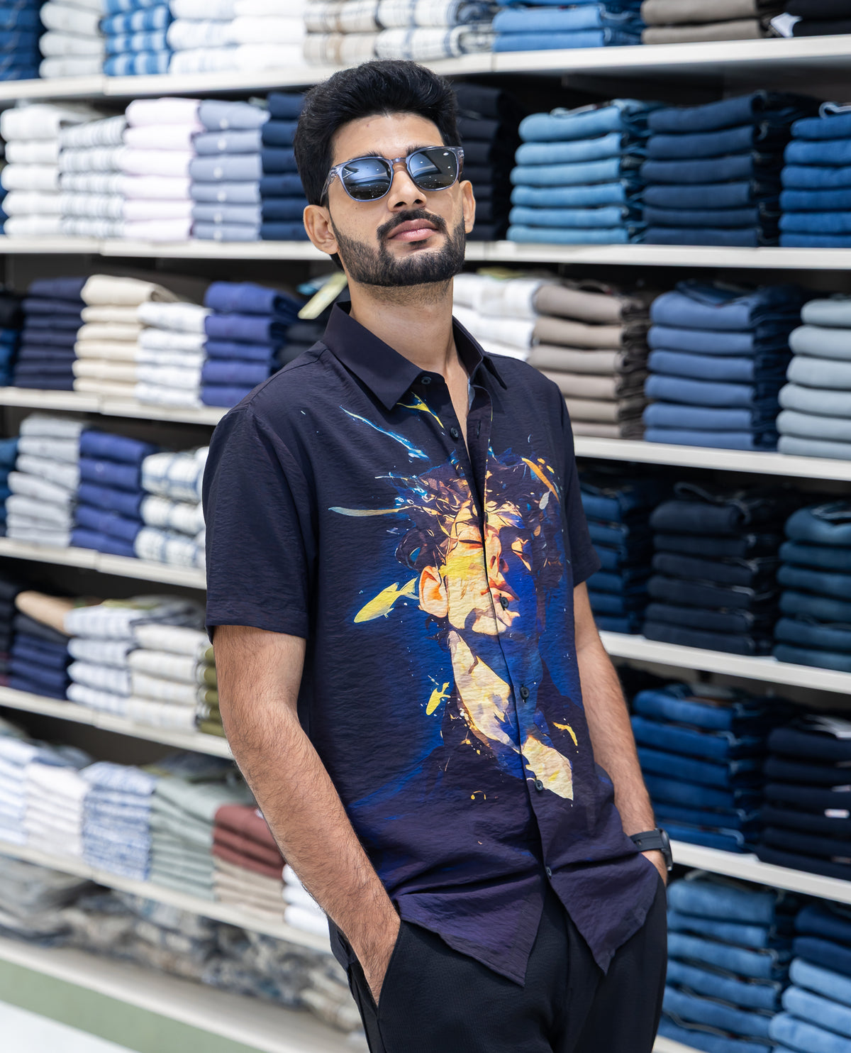 Black Spread Collar Cotton-Blended Casual Shirt