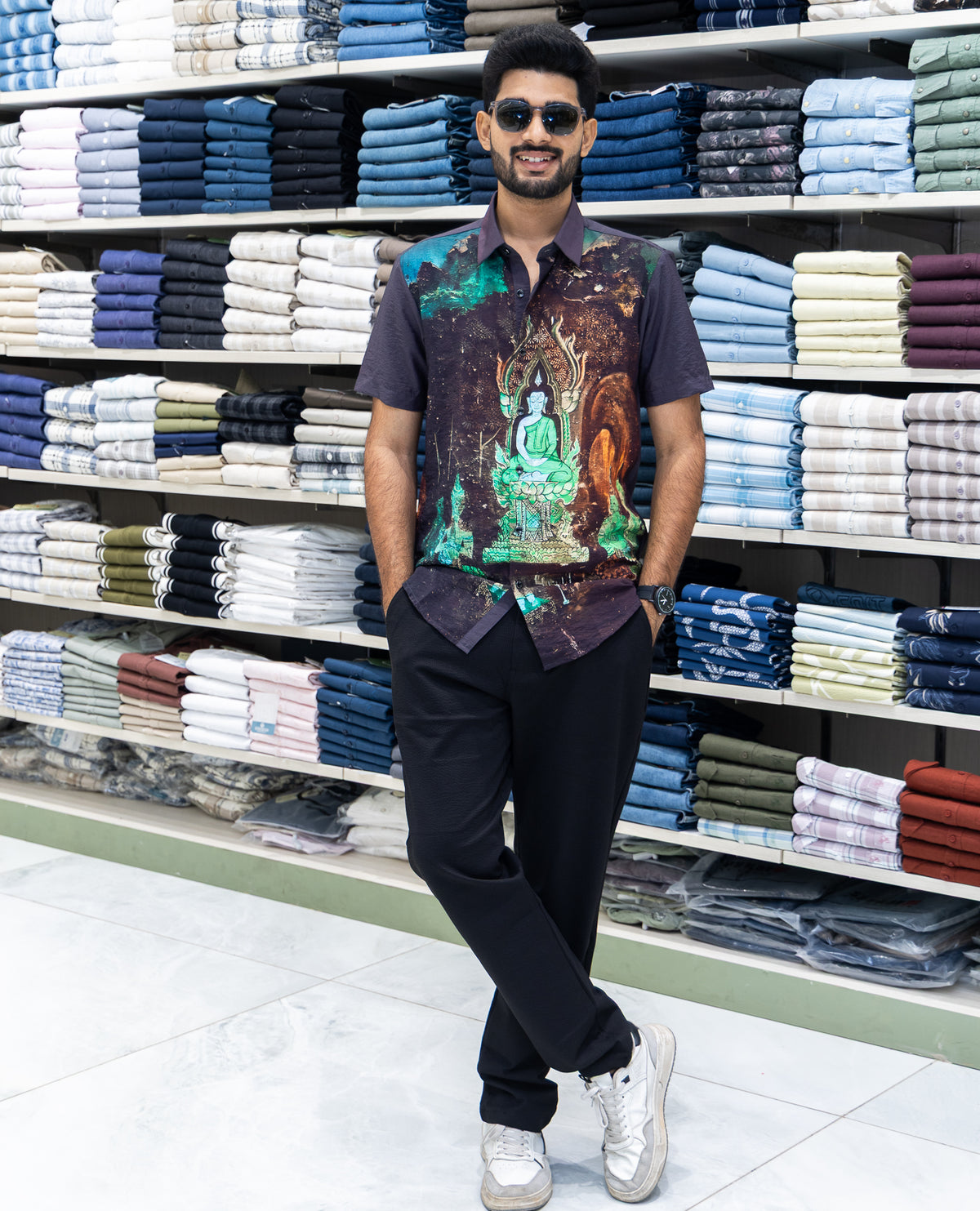Black Half Sleeves Cotton-Blended Casual Shirt