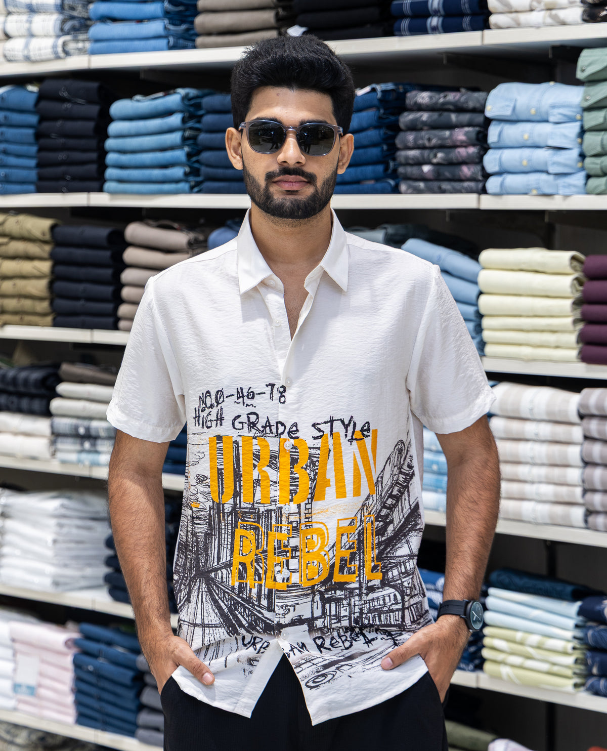Cream Spread Collar Cotton-Blended Casual Shirt