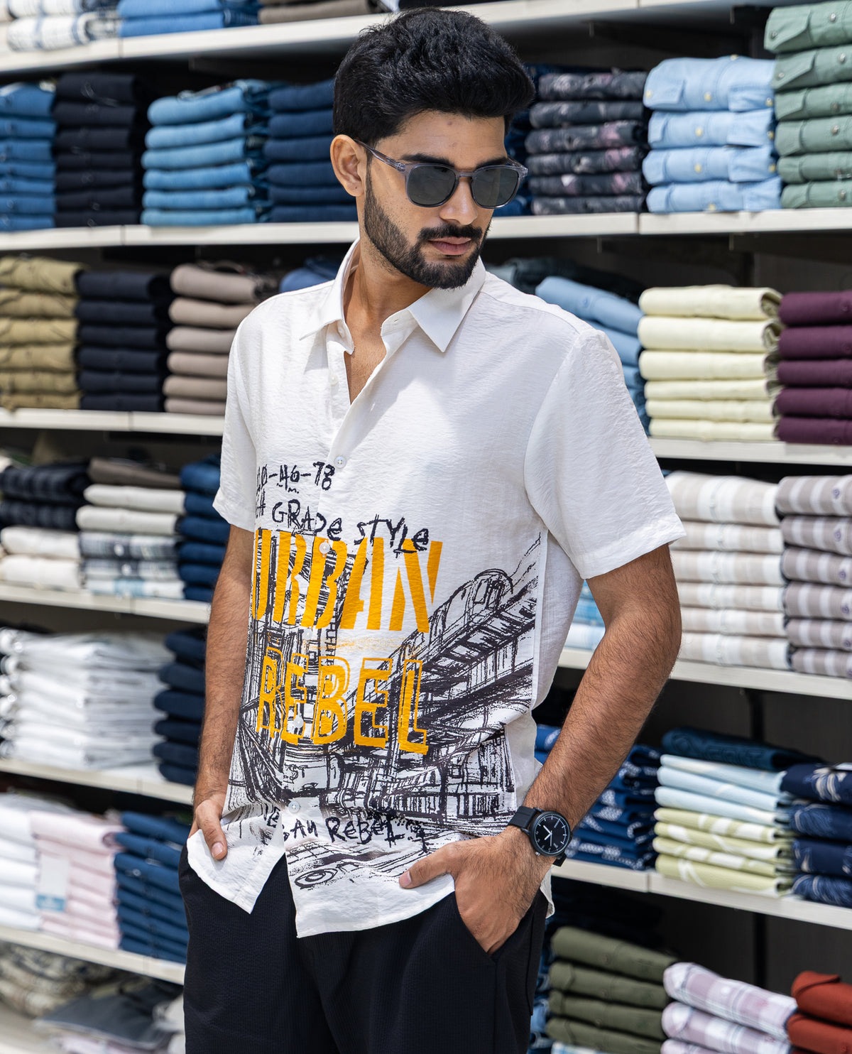Cream Spread Collar Cotton-Blended Casual Shirt