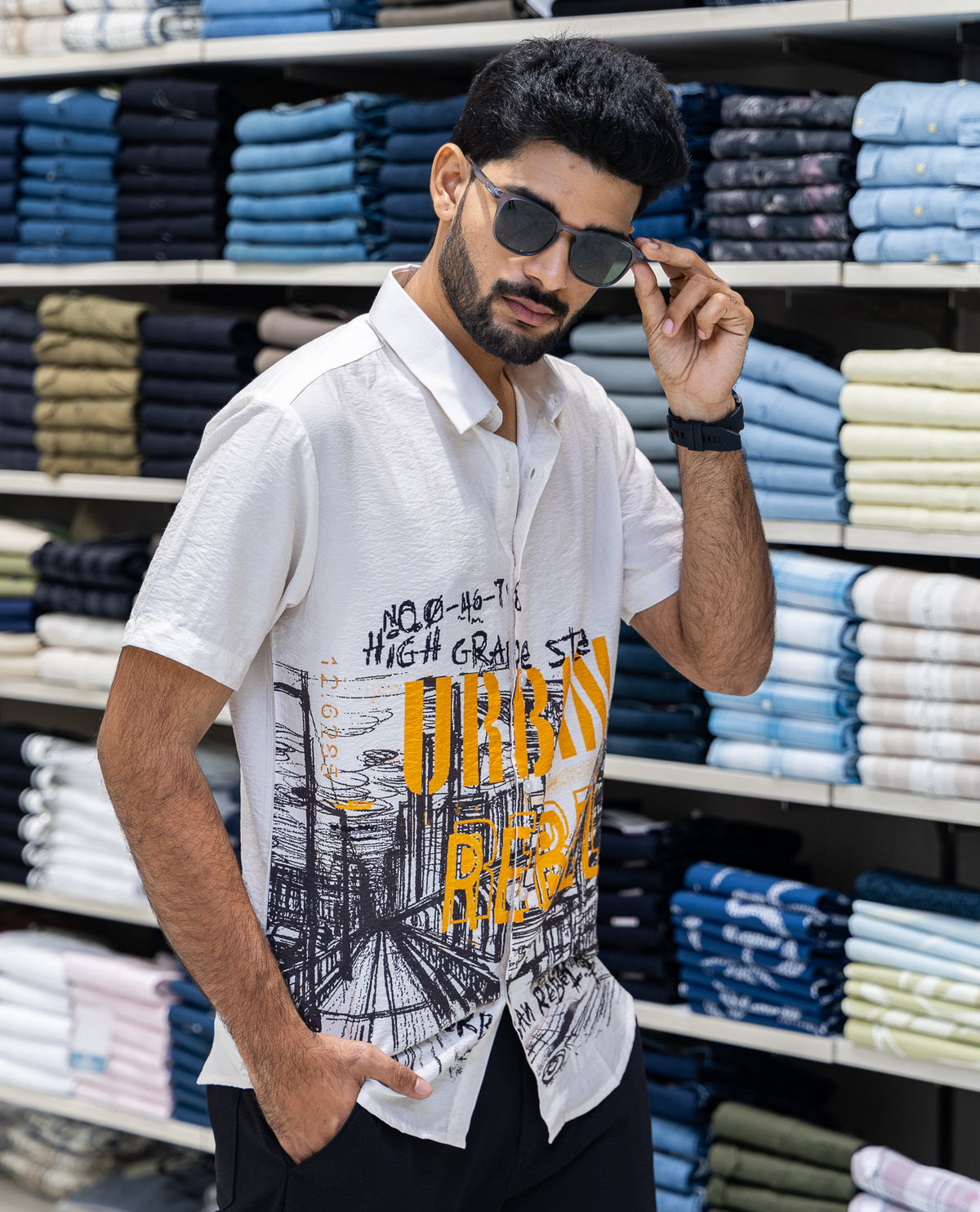 Cream Spread Collar Cotton-Blended Casual Shirt