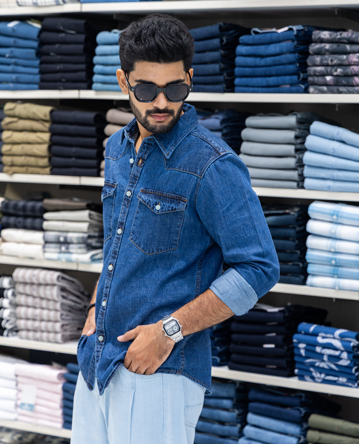 Blue Solid Denim Casual Shirt