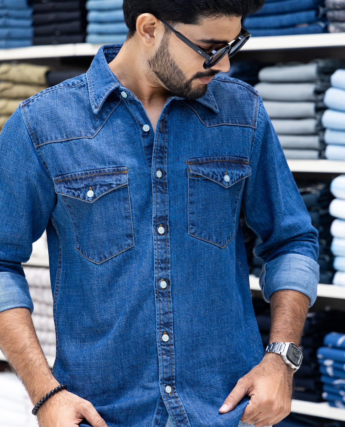 Blue Solid Denim Casual Shirt