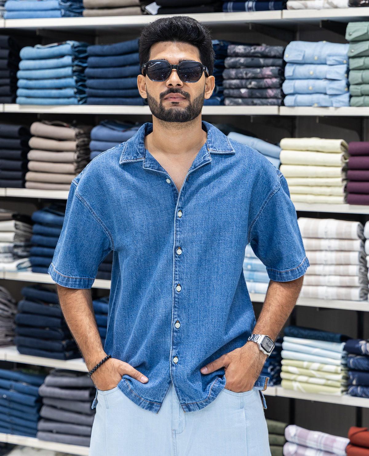 Mid Blue Solid Denim Casual Shirt