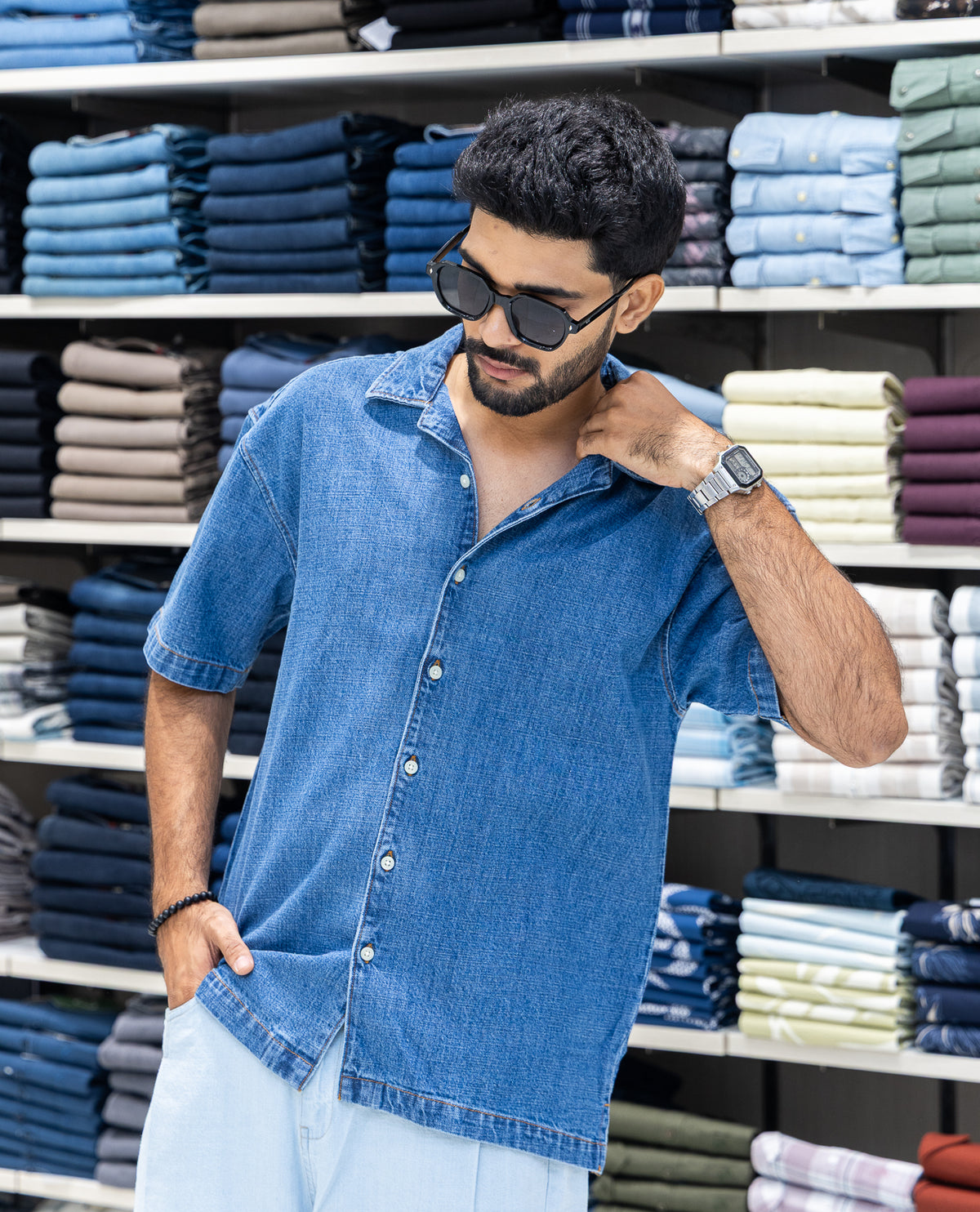 Mid Blue Solid Denim Casual Shirt